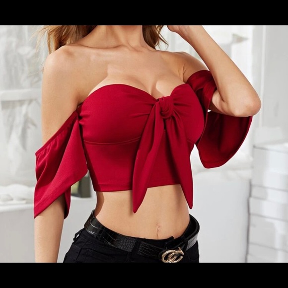 Off Shoulder tie Front Crop Top - Picture 1 of 2